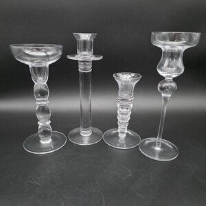 Set Of 4 Clear Glass Candle Holders With Unique Designs For Taper Votive Candles